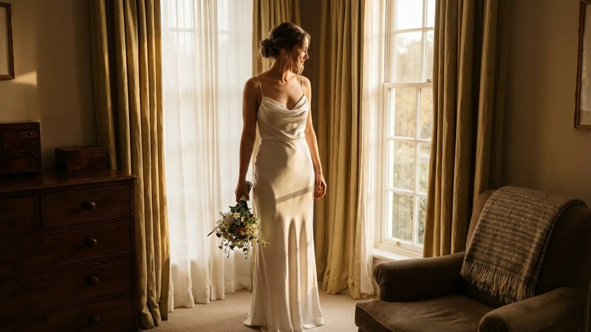 Bride in a silk slip wedding dress beside warm windows in a boutique hotel