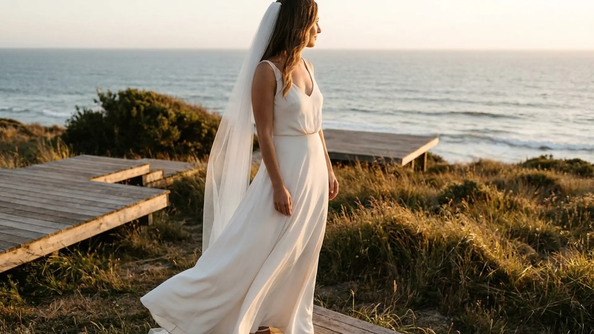 Bride in a soft sheath wedding dress at a relaxed golden hour coastal ceremony