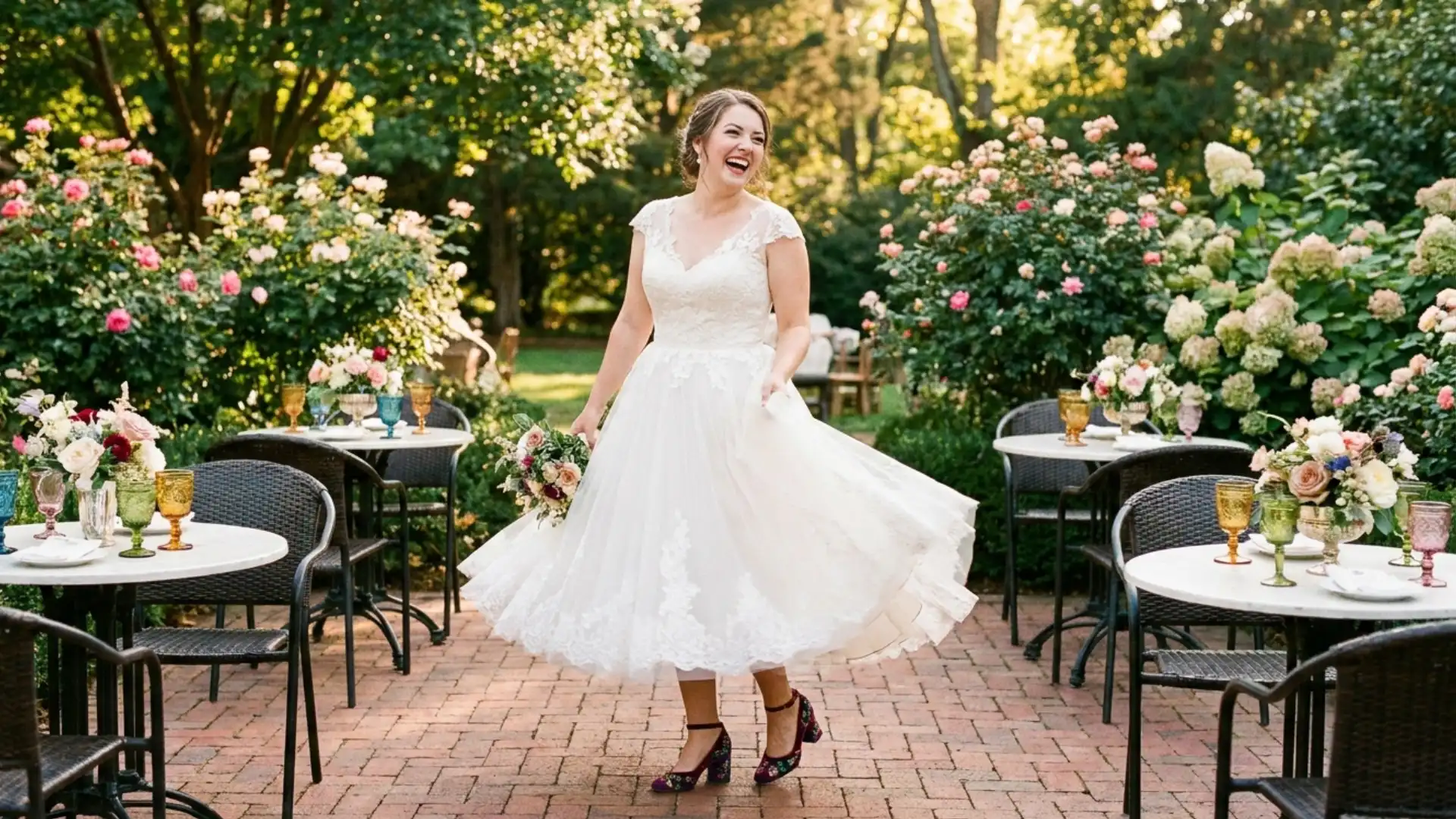 Bride in a tea length wedding dress showing statement shoes in a garden venue