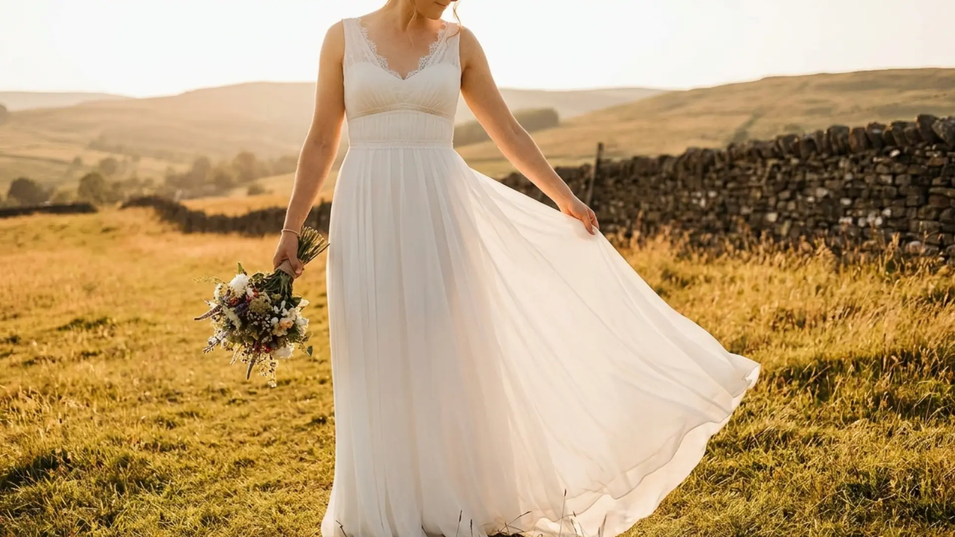 Bride in an empire waist wedding dress standing in a sunset wildflower meadow