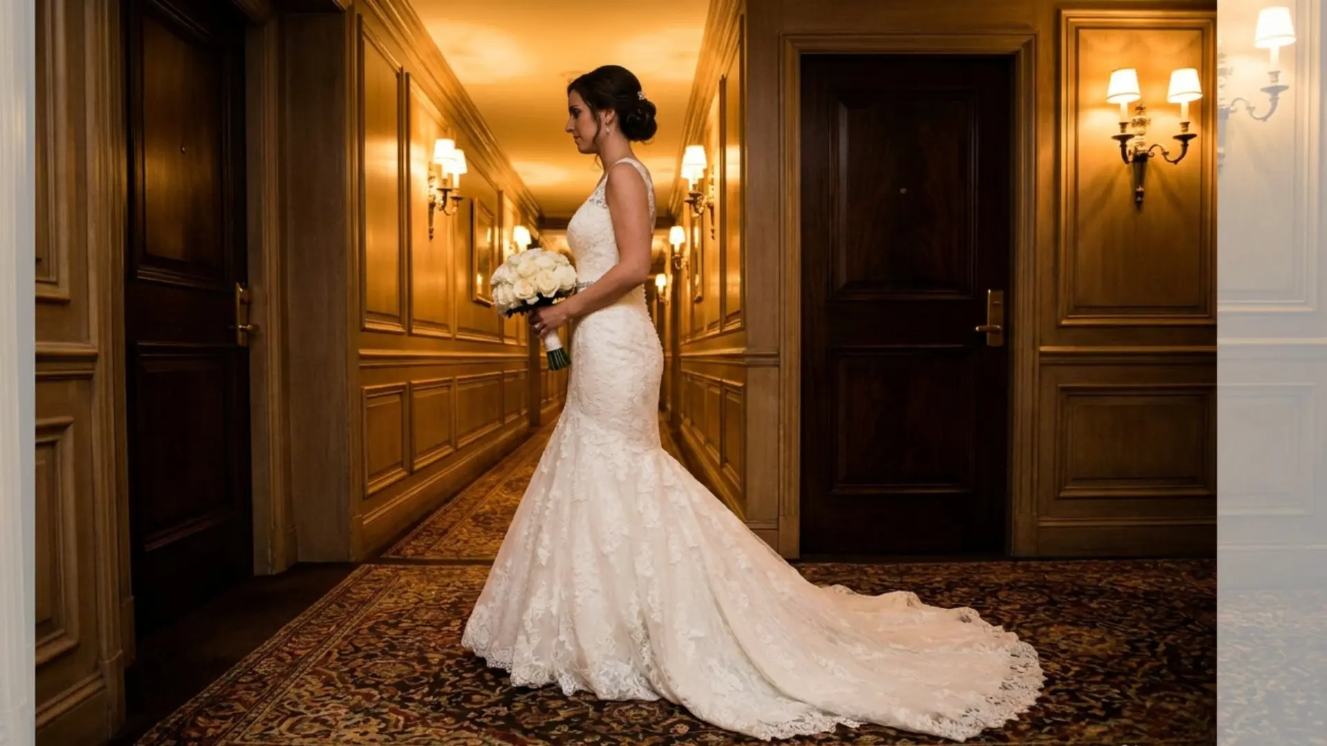 Bride wearing a fitted mermaid wedding dress in a warm luxury hotel corridor