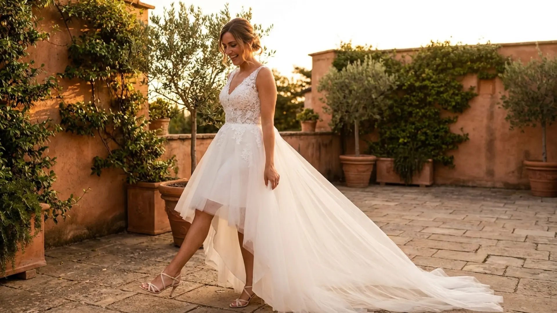 Bride wearing a high low wedding dress on a warm outdoor wedding terrace