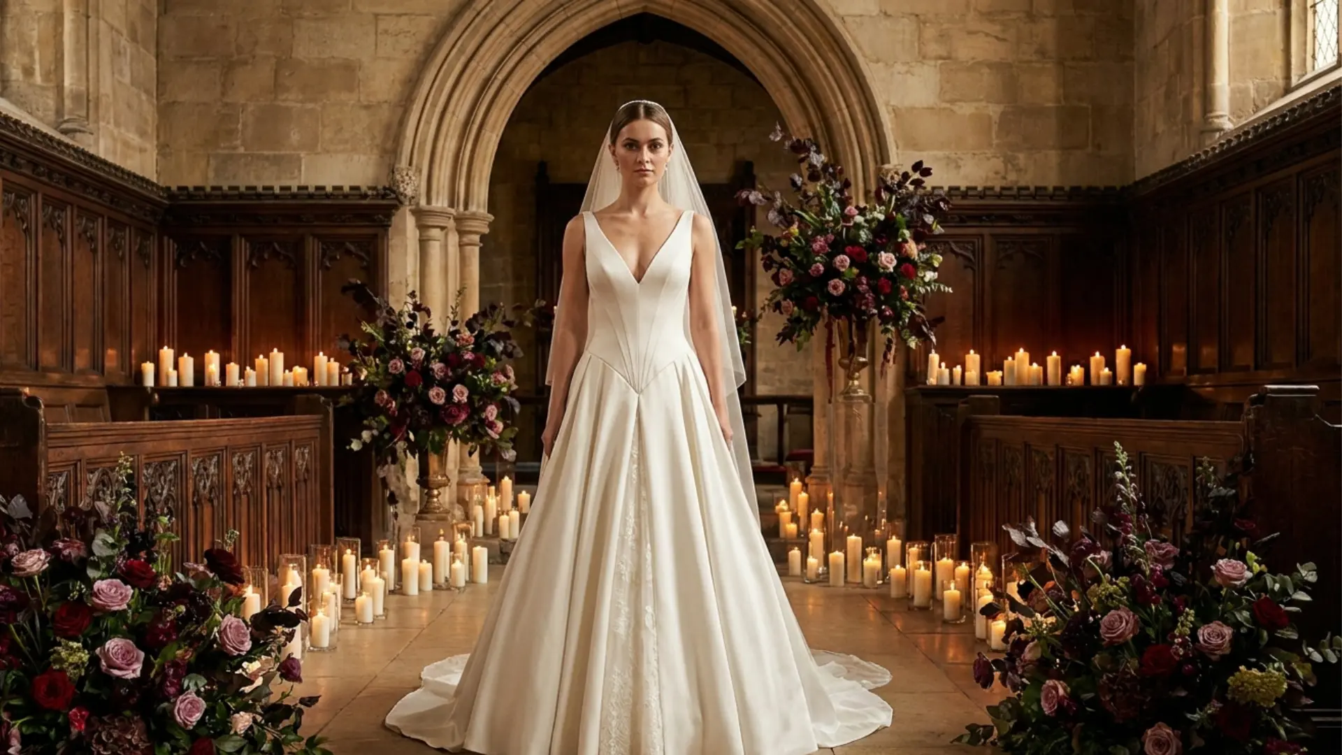 Bride wearing a pointed basque waist wedding dress in a grand historic hall