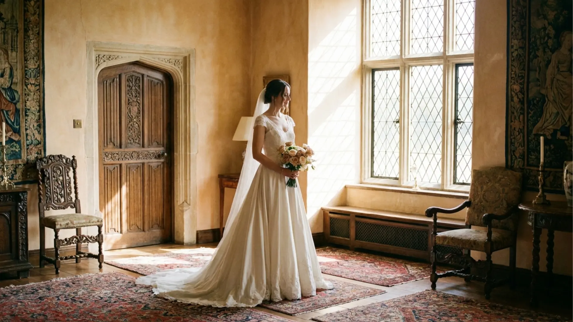Bride wearing a princess seam wedding dress inside a classic historic estate