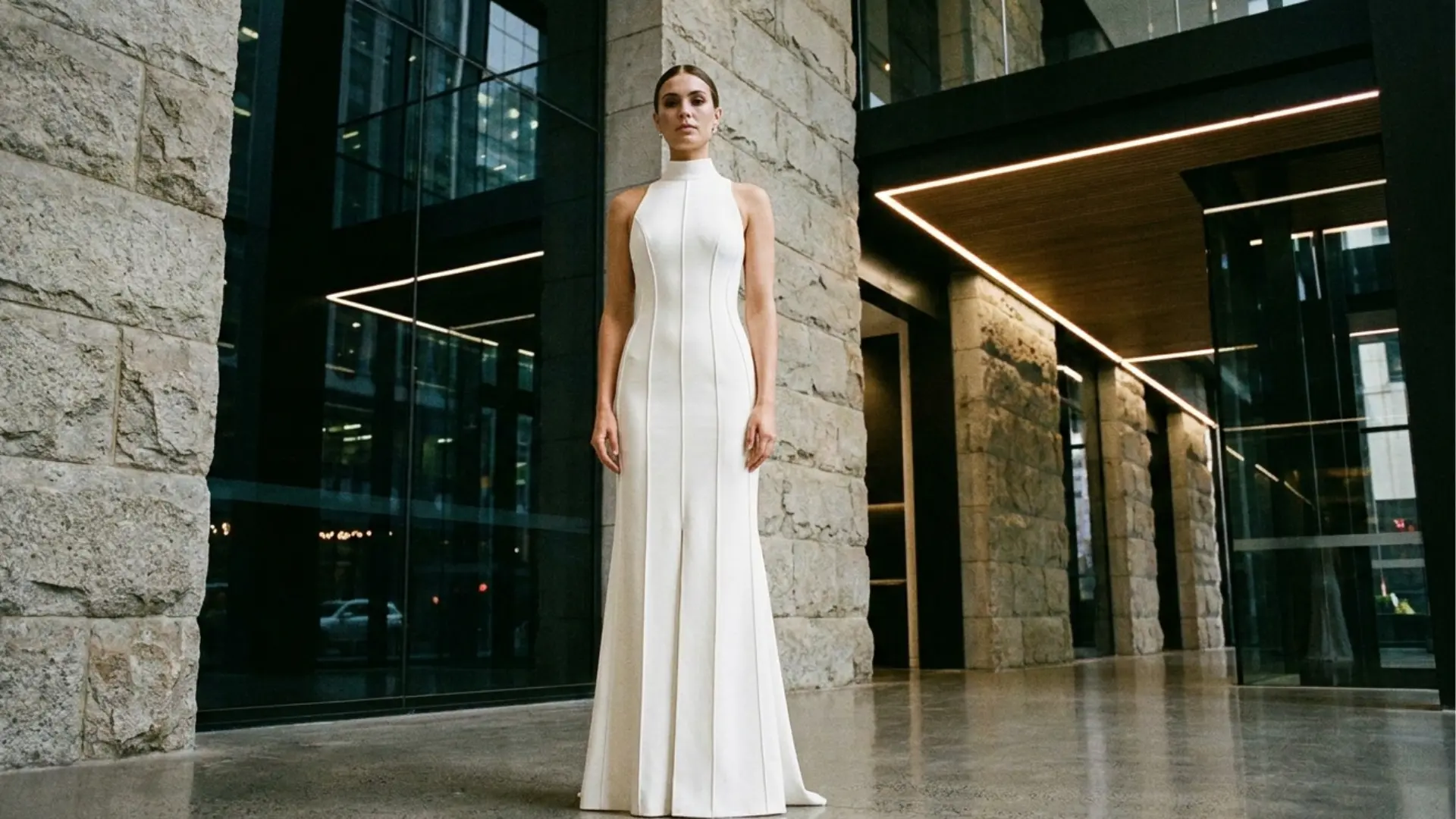 Bride wearing a structured column wedding dress inside a modern city venue