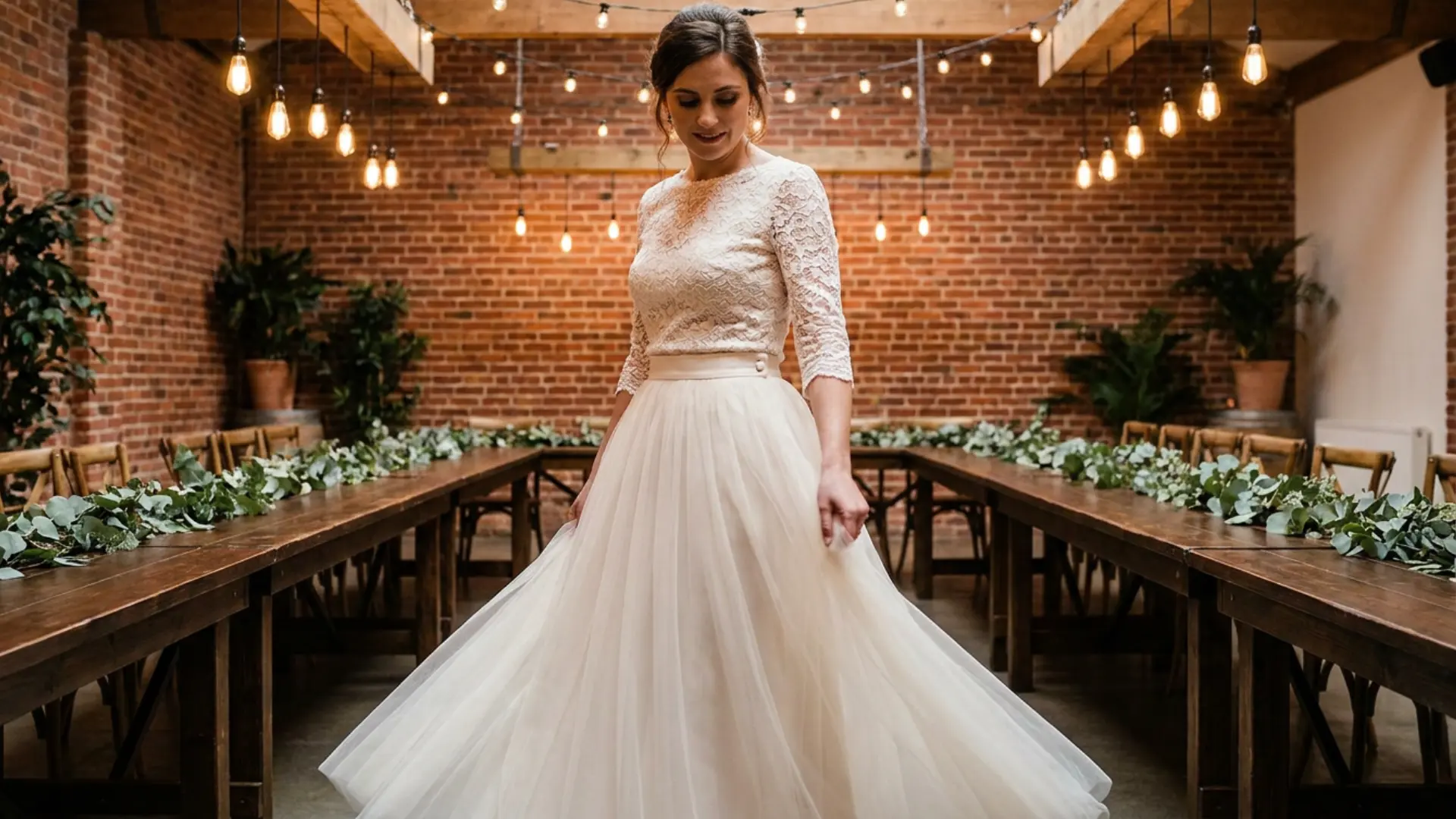 Bride wearing a two piece wedding dress at a relaxed modern wedding venue