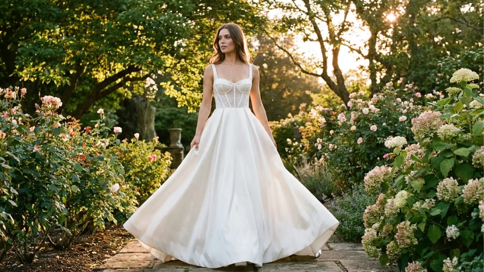 Bride wearing an a line wedding dress while walking through a sunlit garden venue