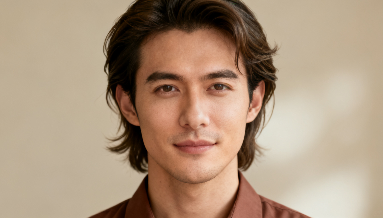 Man with bro flow hairstyle, medium-length natural hair flowing back and outward in a relaxed, effortless passport-style portrait.