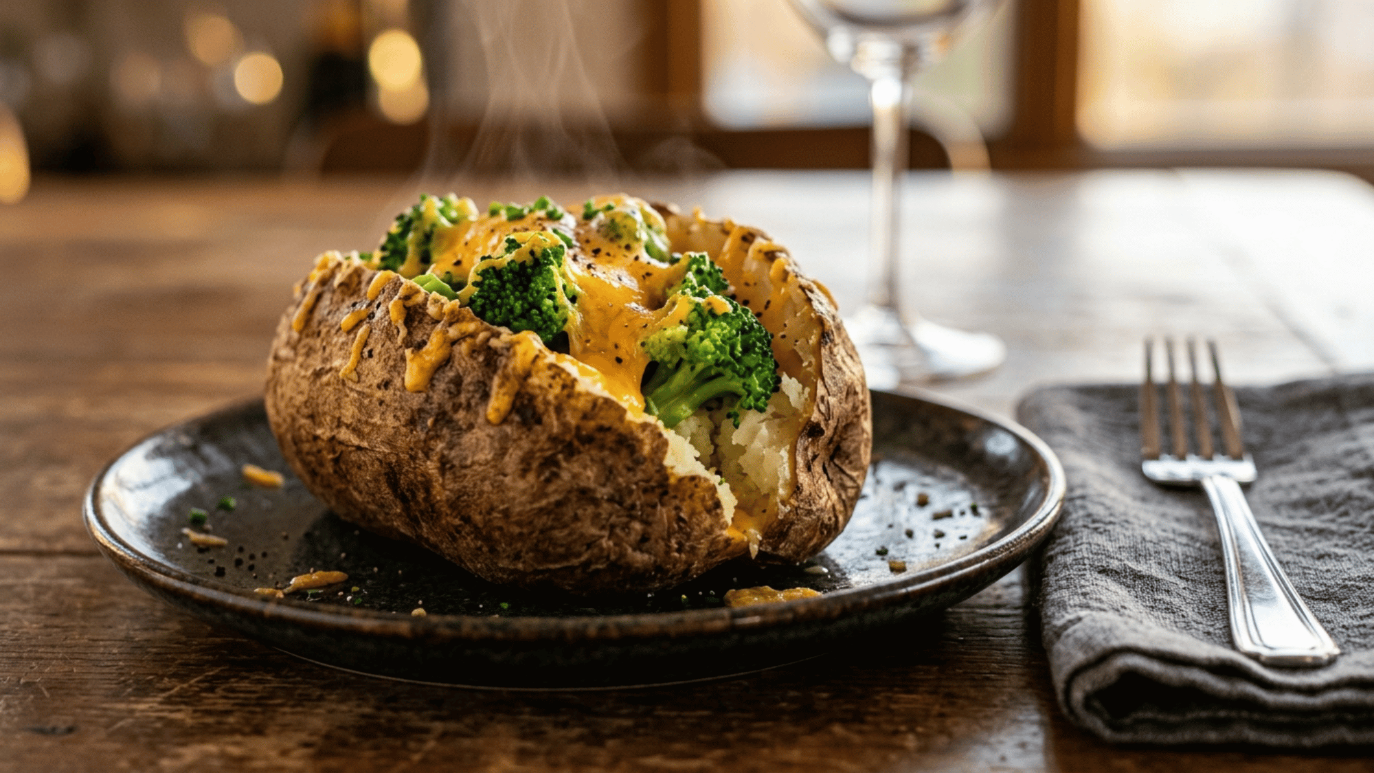 broccoli cheese baked potato on a dinner plate