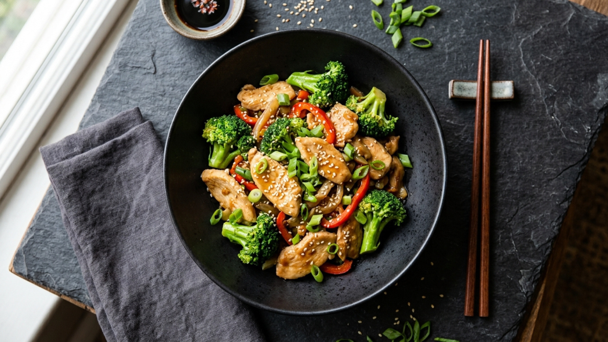 woman eating broccoli chicken stir fry on balcony