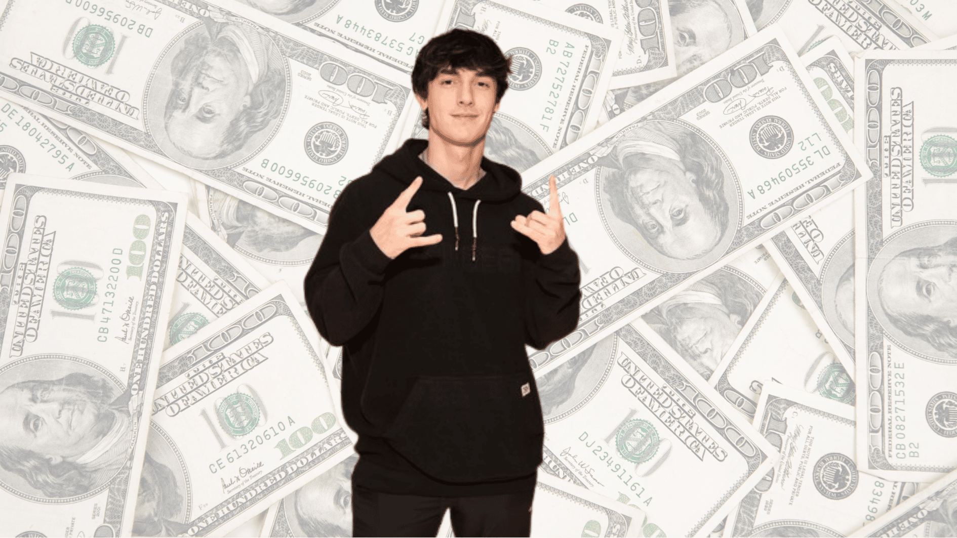 bryce hall standing against a background of dollar bills representing net worth and earnings estimate concepts