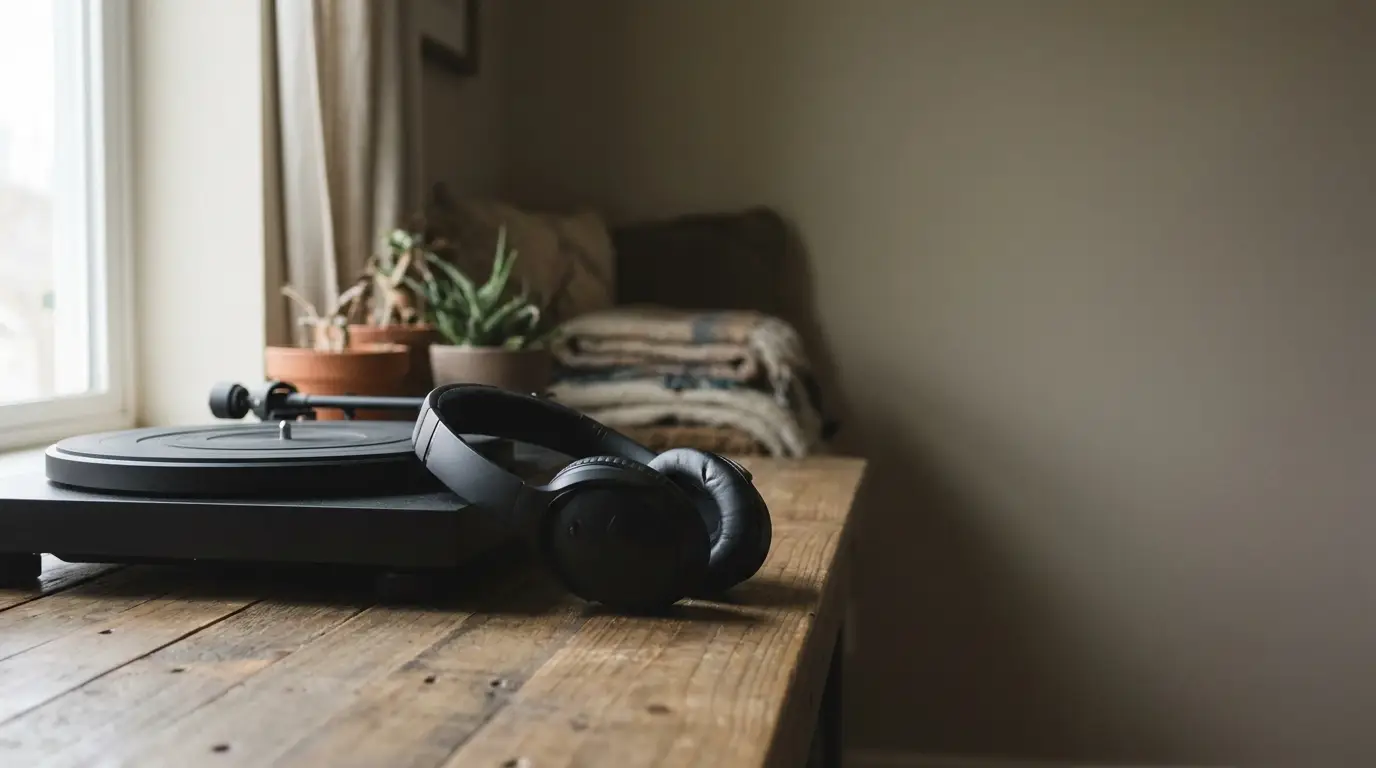 Turntable and headphones on wooden table in cozy warmly lit room