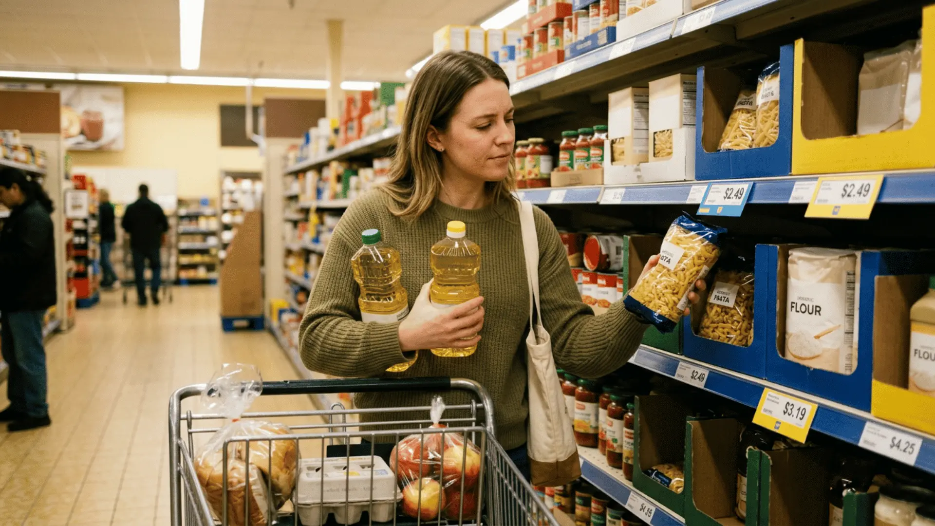 shopper comparing shelf prices while holding two bottles of cooking oil and a bag of pasta beside a grocery cart
