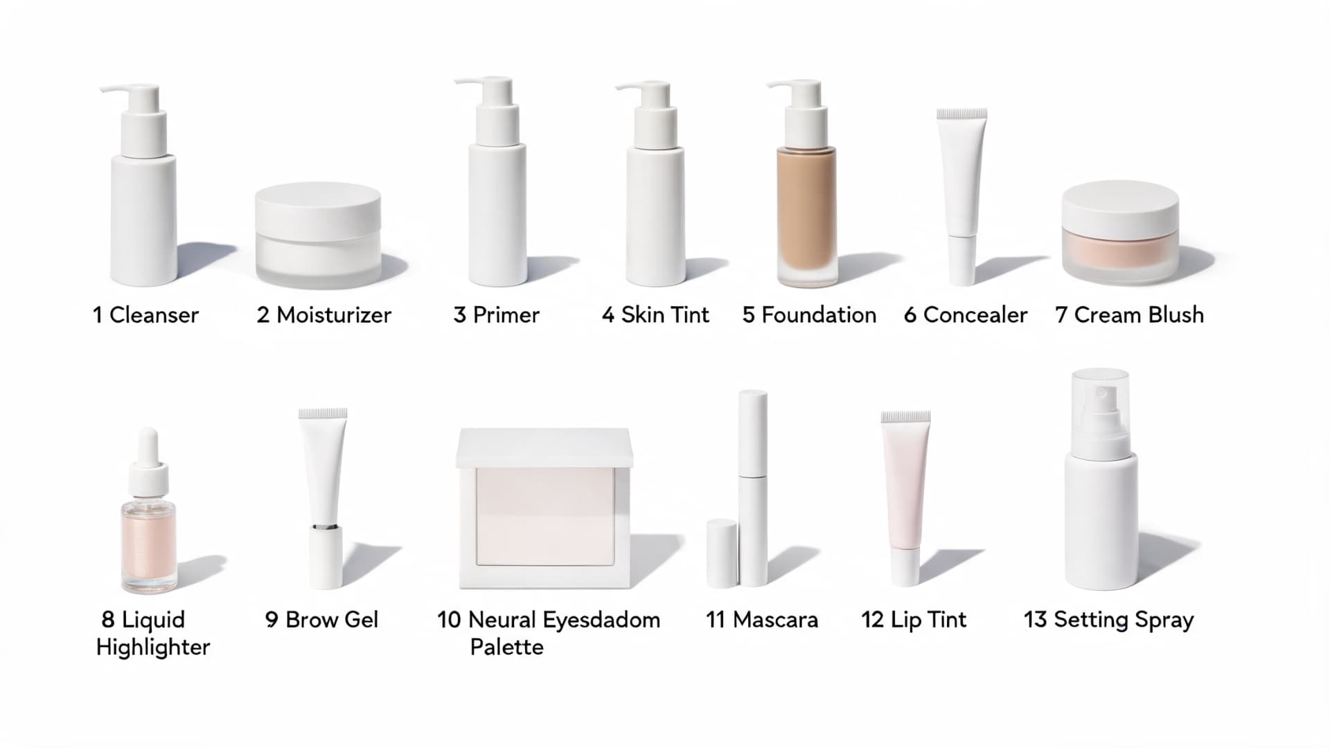 natural makeup and skincare products arranged in labeled rows on a white background