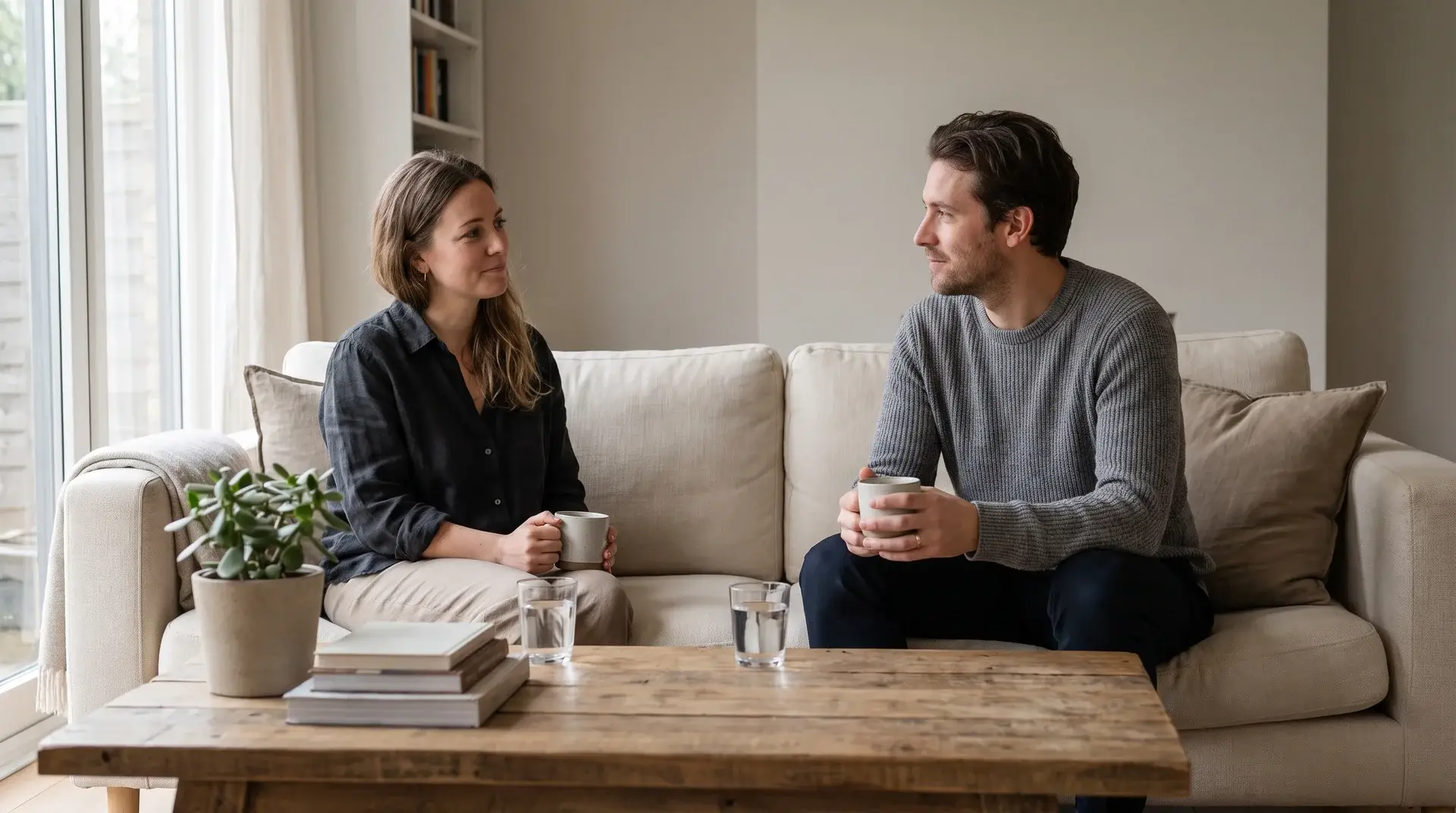 Two people sitting on a beige sofa, talking over coffee in a cozy living room