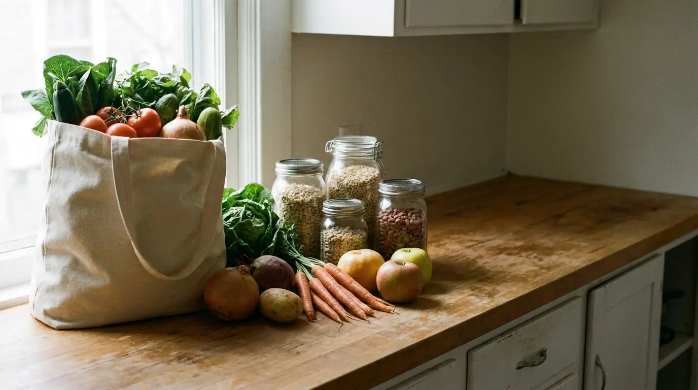 Reusable canvas bag with fresh produce and jars of grains on wooden countertop
