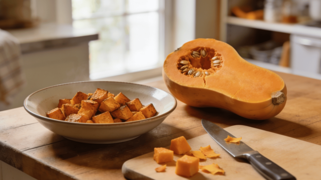 halved raw butternut squash beside a bowl of roasted squash cubes and a knife on a wooden kitchen table