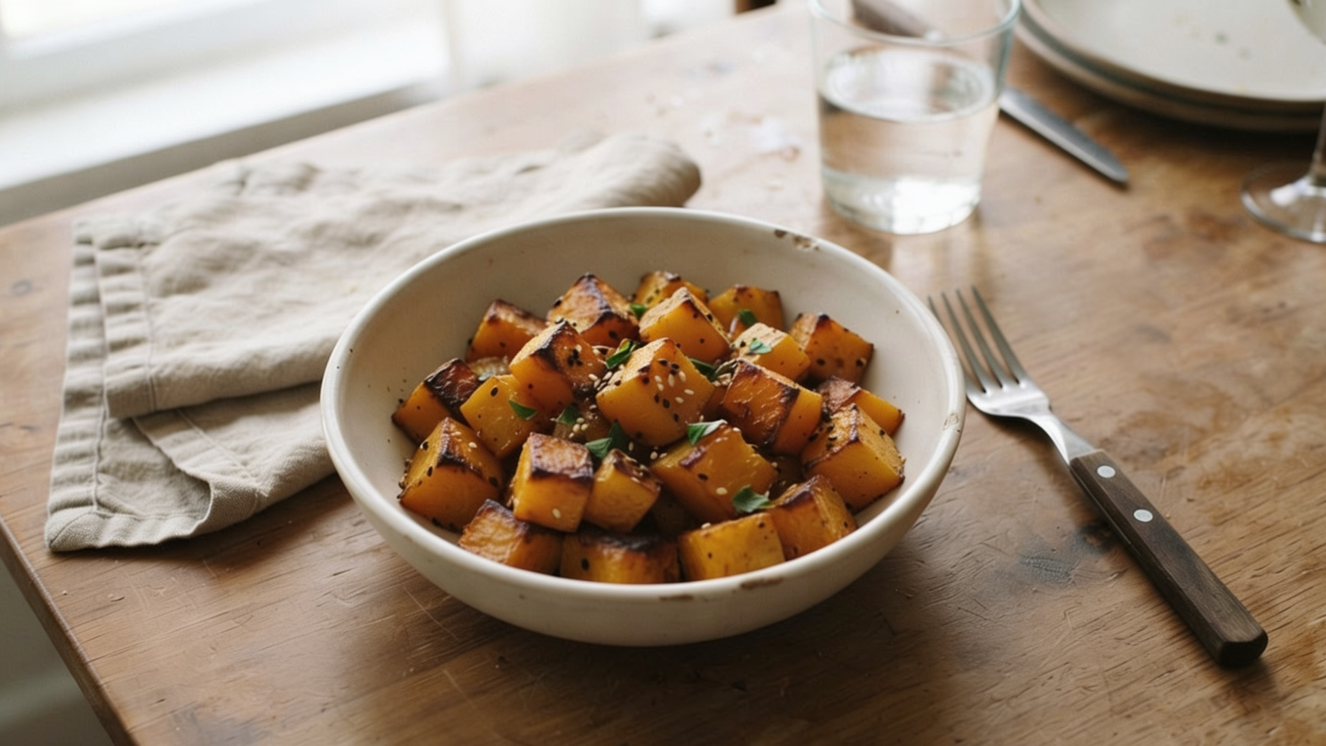 roasted butternut squash cubes seasoned with herbs and spices served in a white bowl on a rustic wooden table