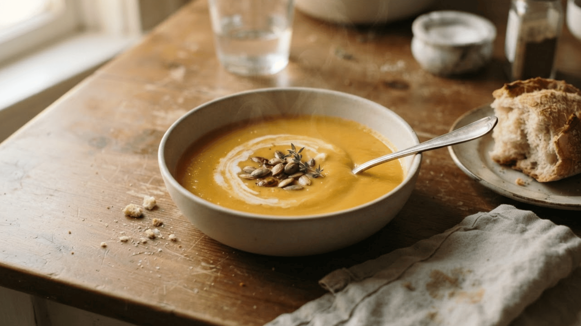 creamy butternut squash soup topped with pumpkin seeds and a cream swirl served in a bowl on a rustic wooden table