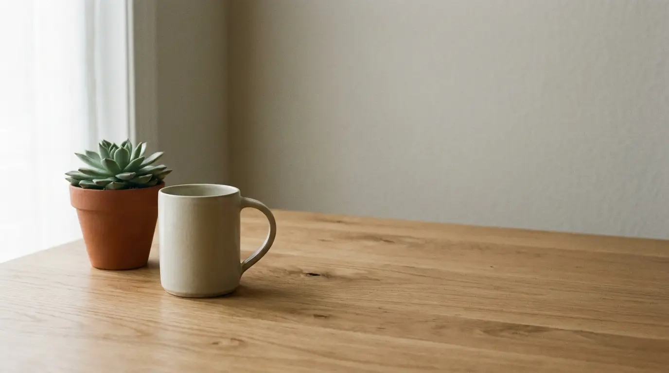 Succulent in terracotta pot and ceramic mug on wooden table in soft natural light
