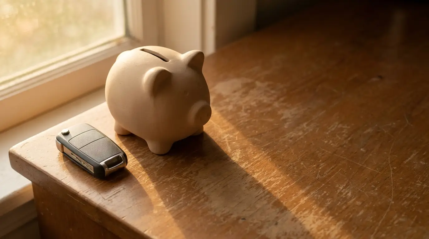 Piggy bank and car key fob on wooden table in sunlight