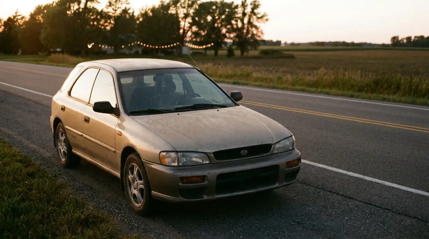 Dusty sedan parked on rural roadside at sunset with trees in the background