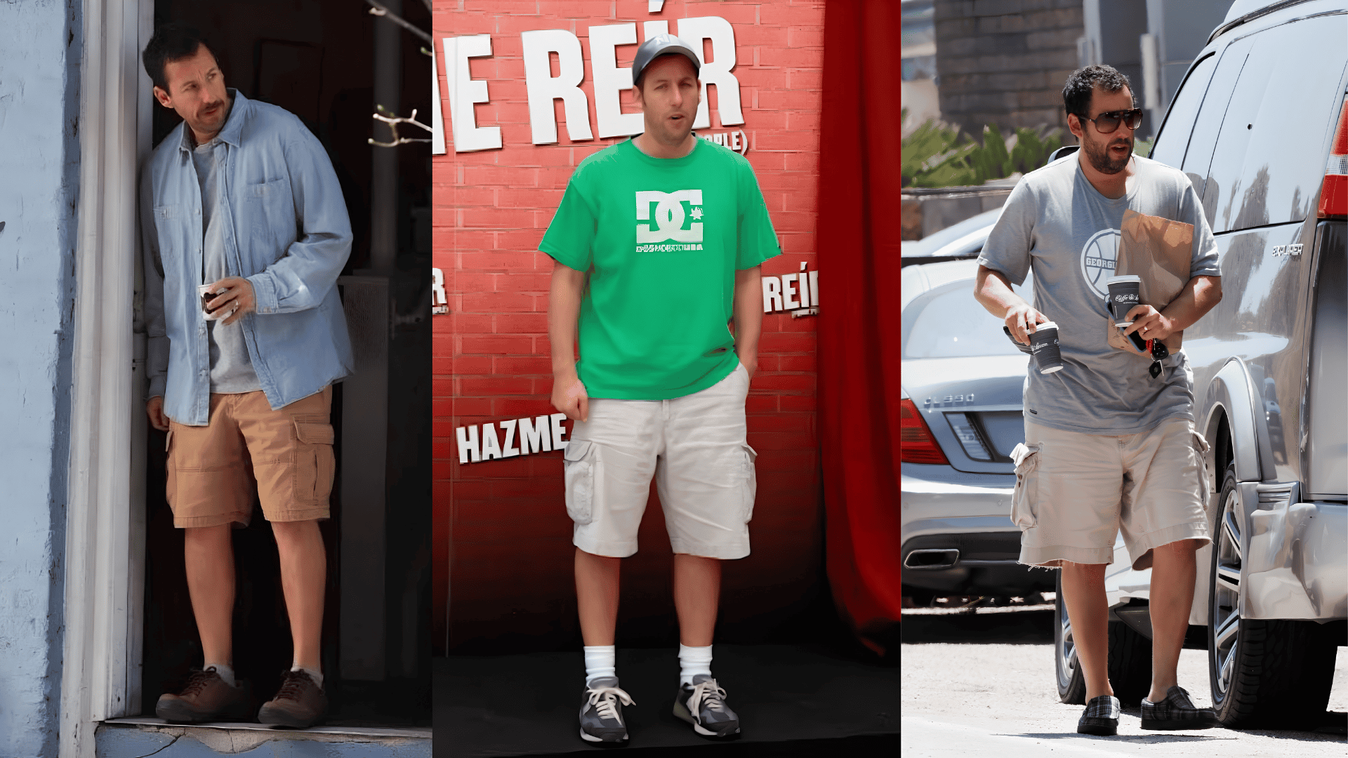 Three khaki cargo shorts outfits with chambray shirt, jacket, and gray tee
