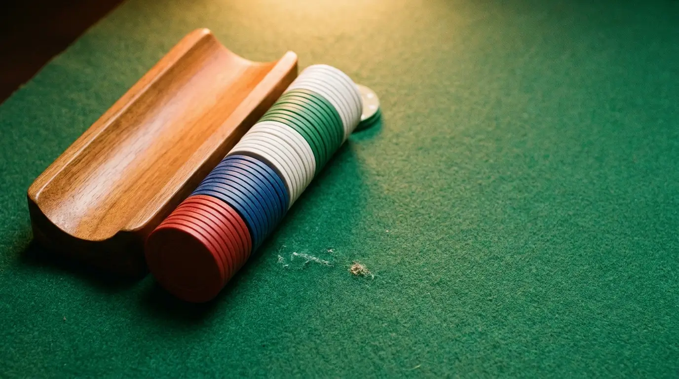 Poker chips stacked in wooden holder on green felt table under warm lighting
