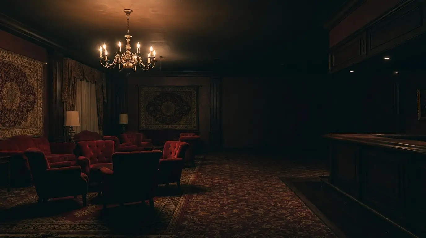 Dimly lit vintage lounge with red armchairs and ornate chandelier in elegant, classic setting
