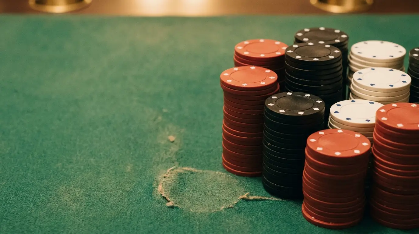 Stacks of poker chips on a worn green table in a casino setting