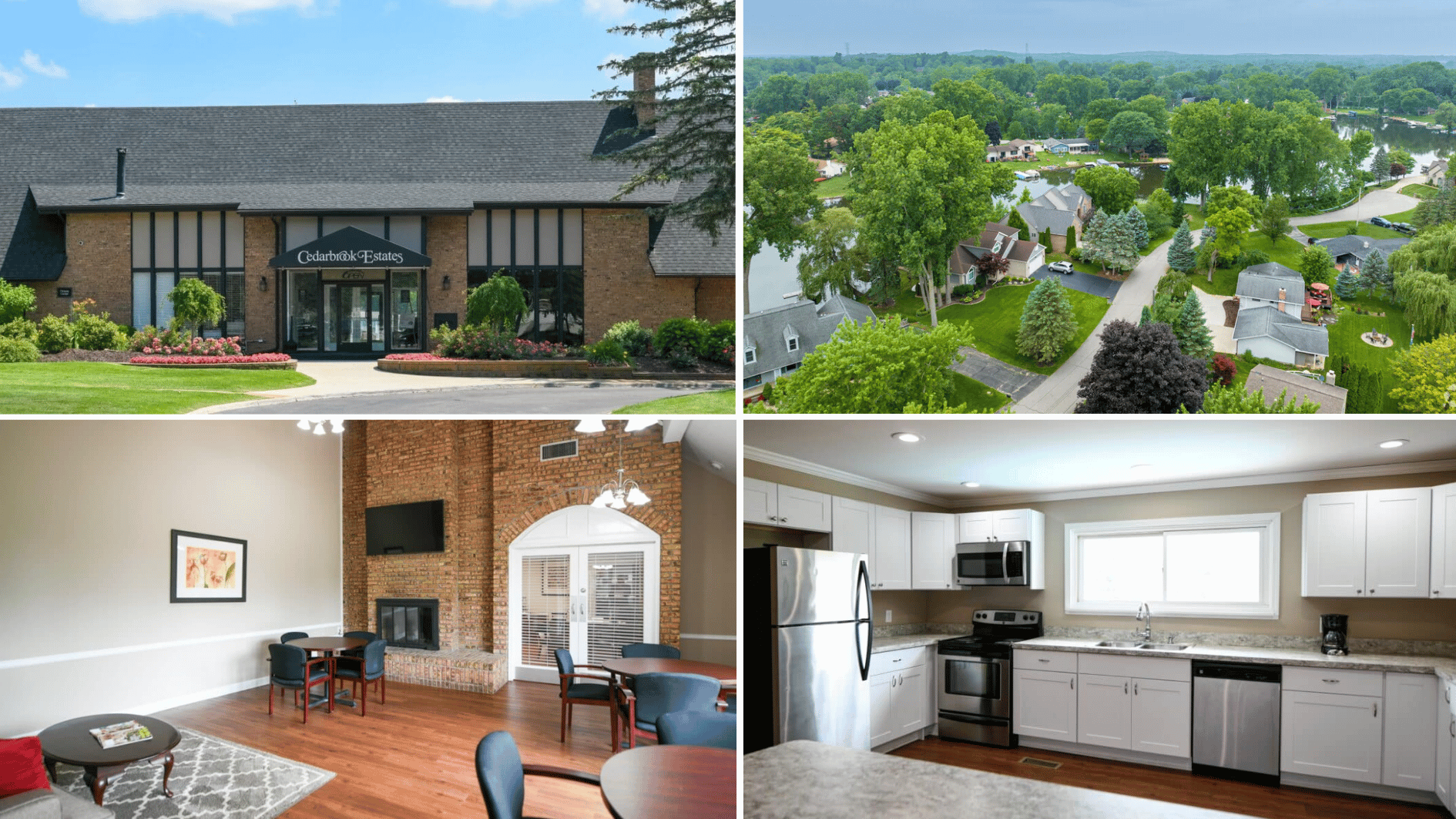 cedarbrook estates community collage showing clubhouse, neighborhood views, interior spaces, and manufactured home features in white lake michigan
