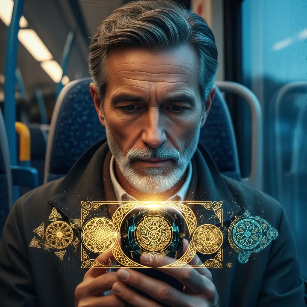 Man focusing on glowing ornate patterns emerging from smartphone on a dimly lit train