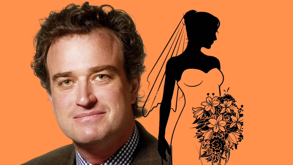 charlie hurt beside a bride silhouette holding a floral bouquet, on an orange background