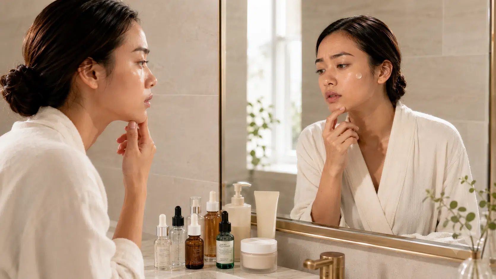 woman checking sunscreen application in a mirror beside several skincare products on a bathroom vanity