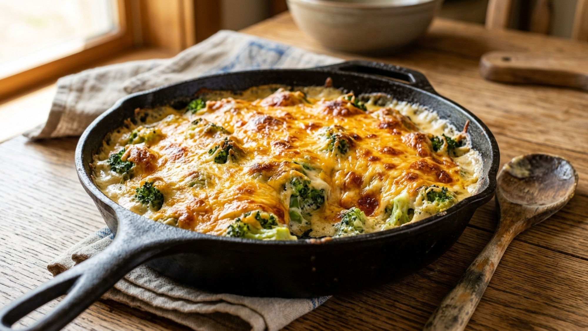 cheesy broccoli bake in rustic skillet