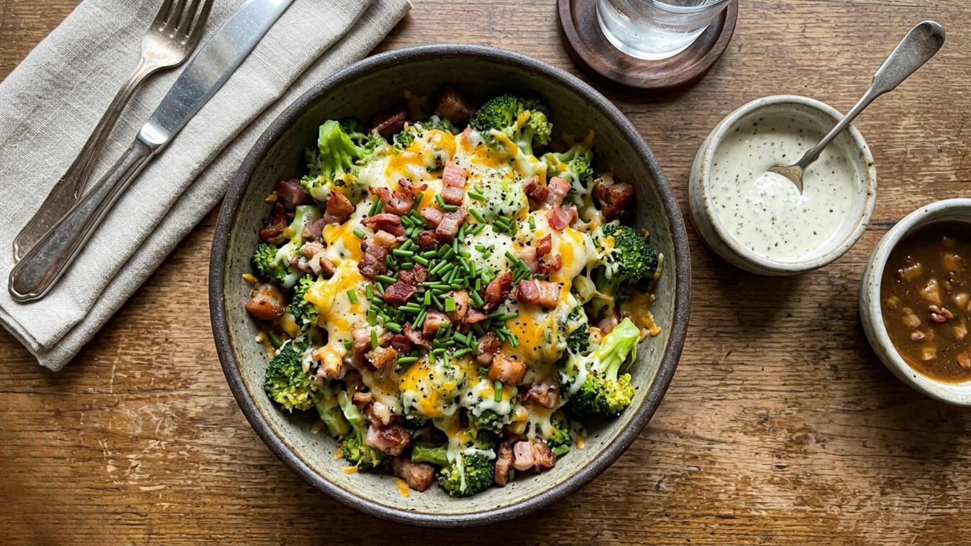 cheesy broccoli bowl on rustic wooden table
