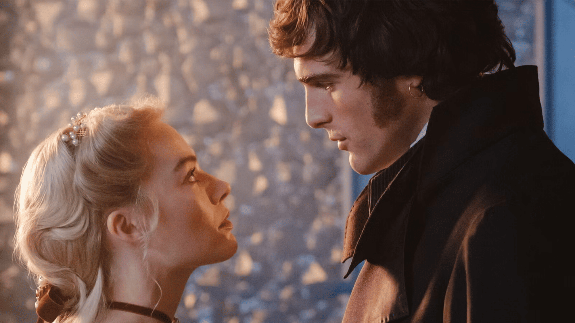 Close period drama scene of a couple staring under warm light
