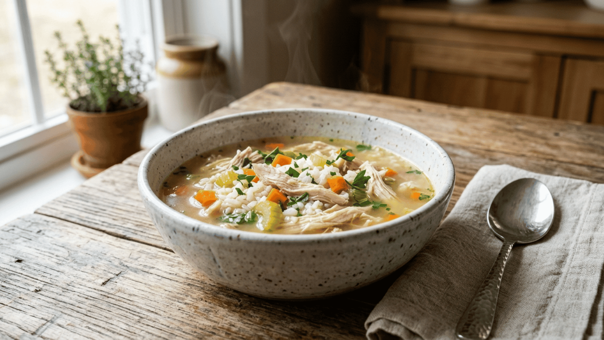 bowl of chicken and white rice soup with vegetables