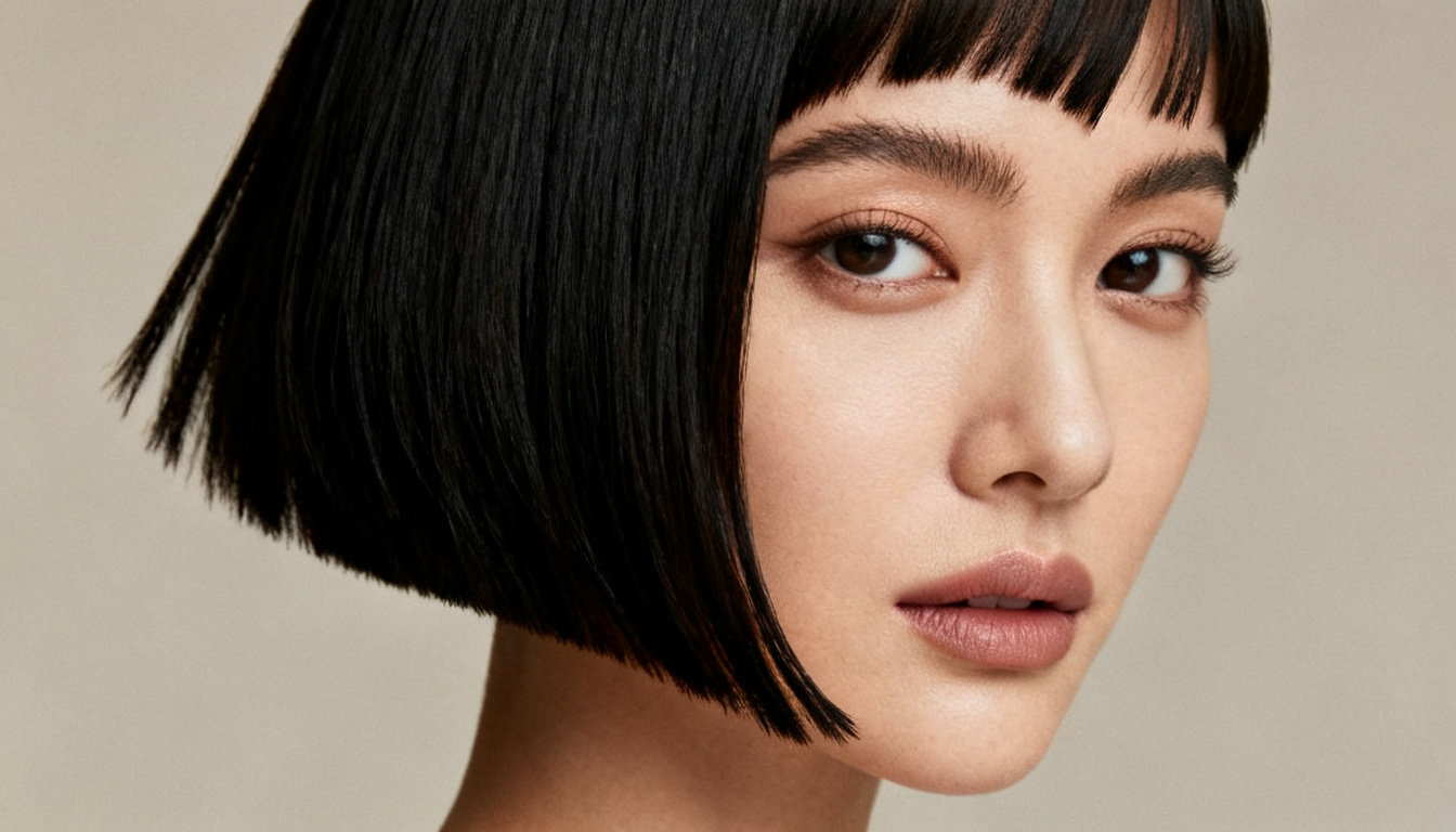 a clean chin-length bob ending precisely at the jaw, adding instant structure and width to a heart-shaped face.