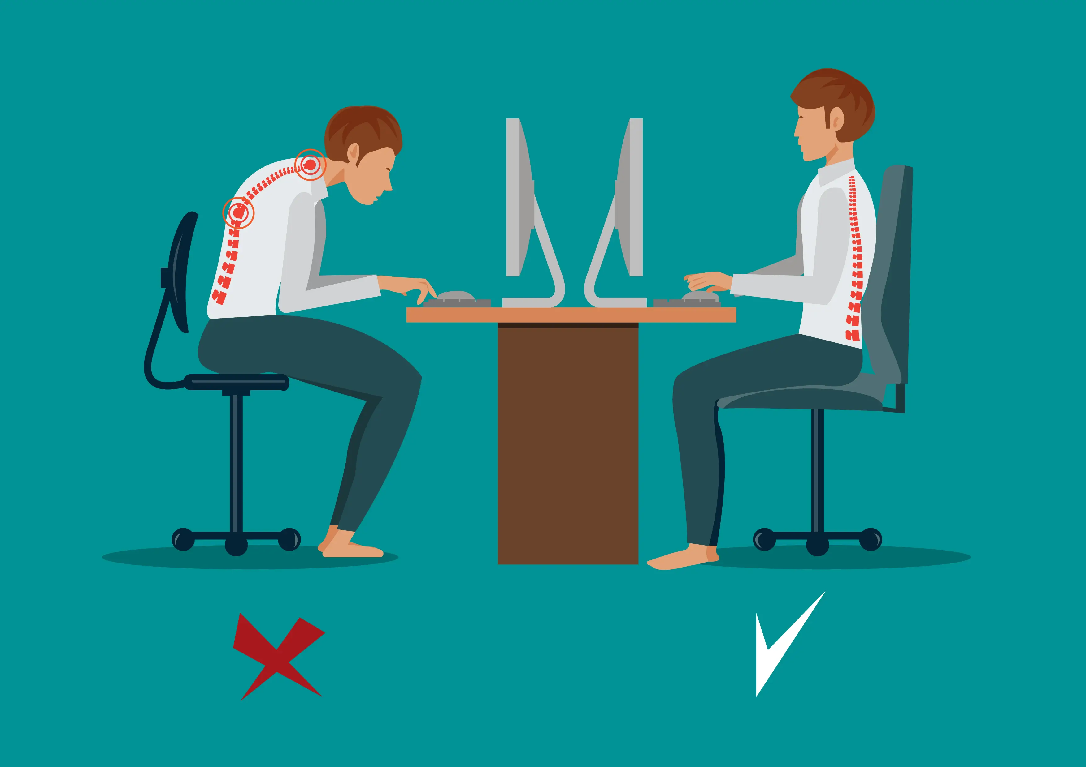 Two figures illustrating incorrect and correct sitting posture at desks in an office setting
