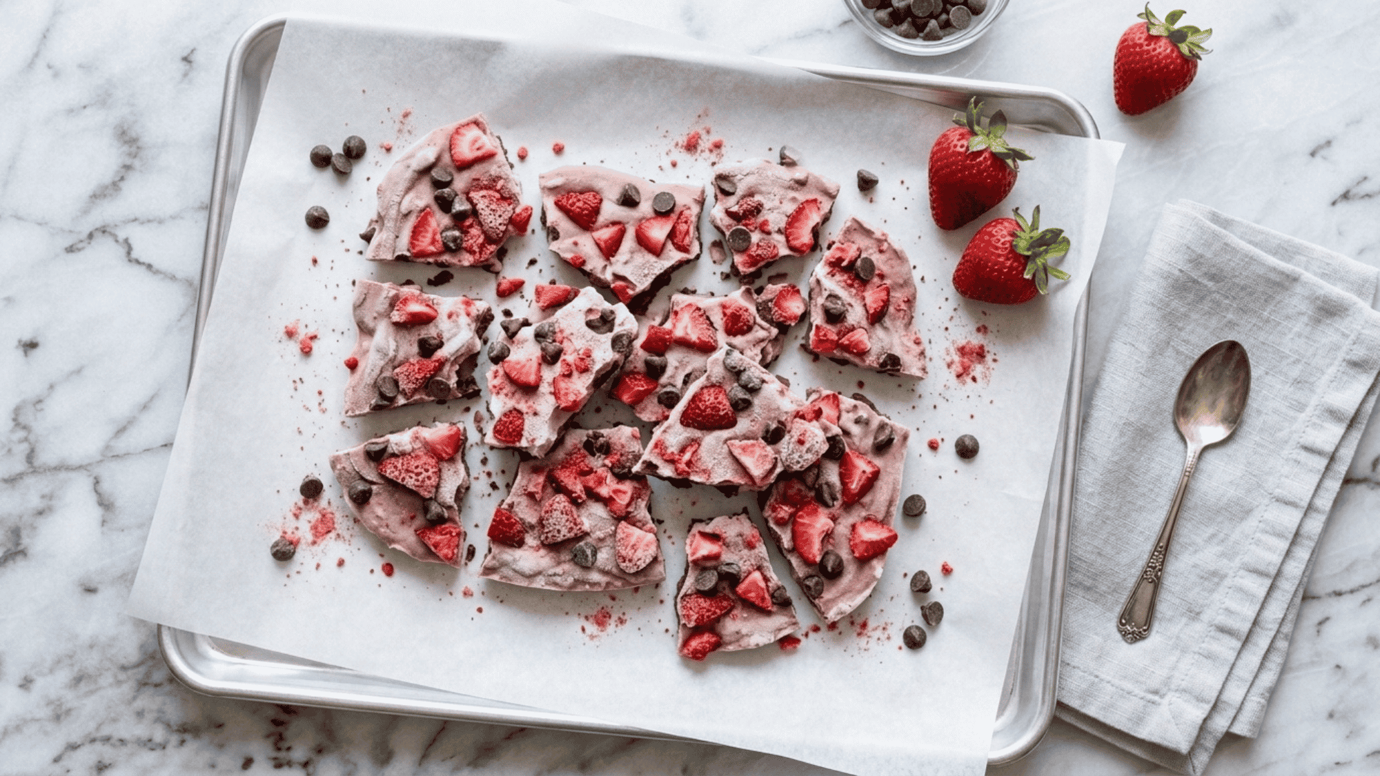 chocolate strawberry yogurt bark topped with fresh strawberries