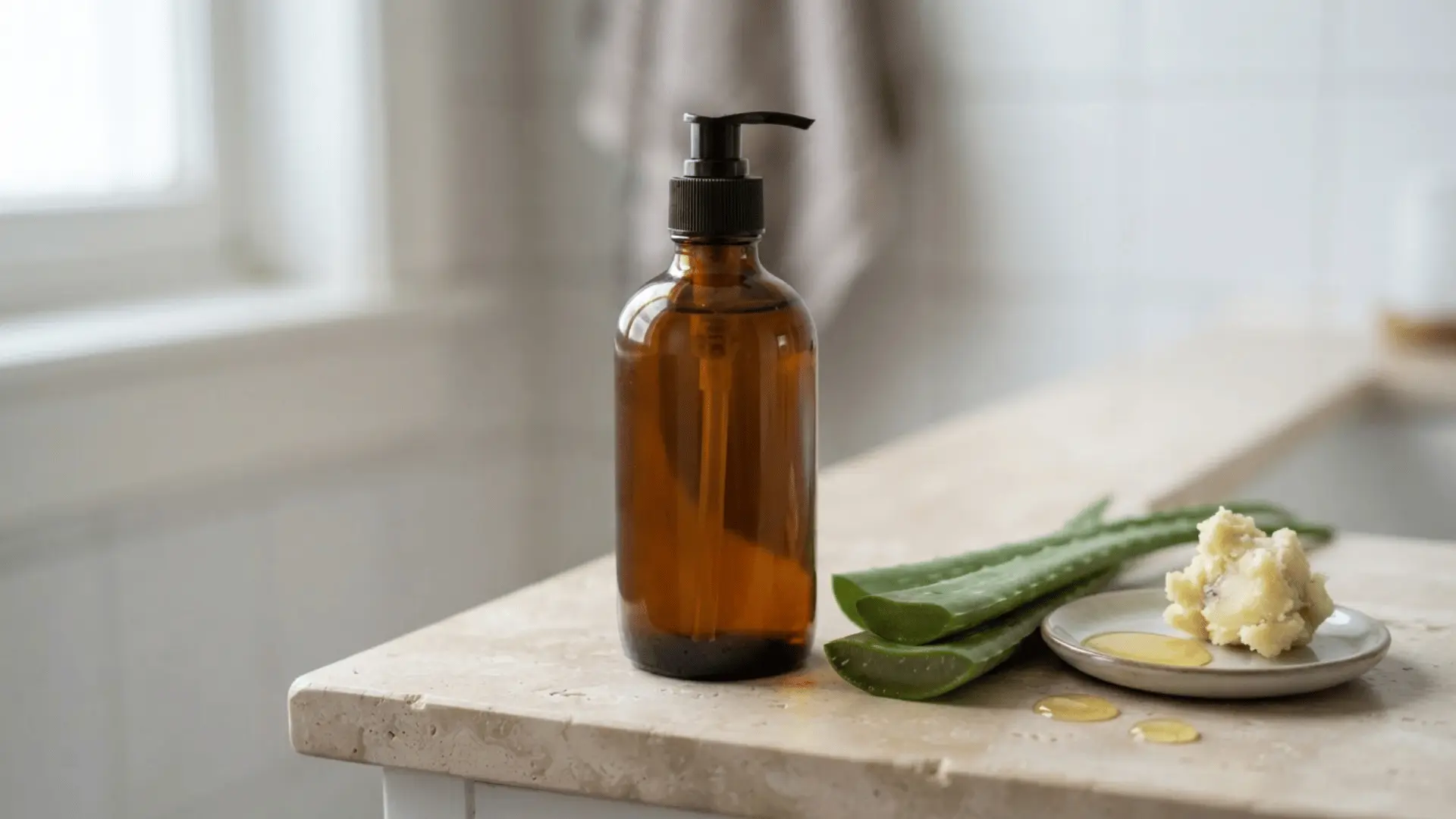 amber pump bottle beside sliced aloe leaves and a dish of creamy butter and oil on a light bathroom counter