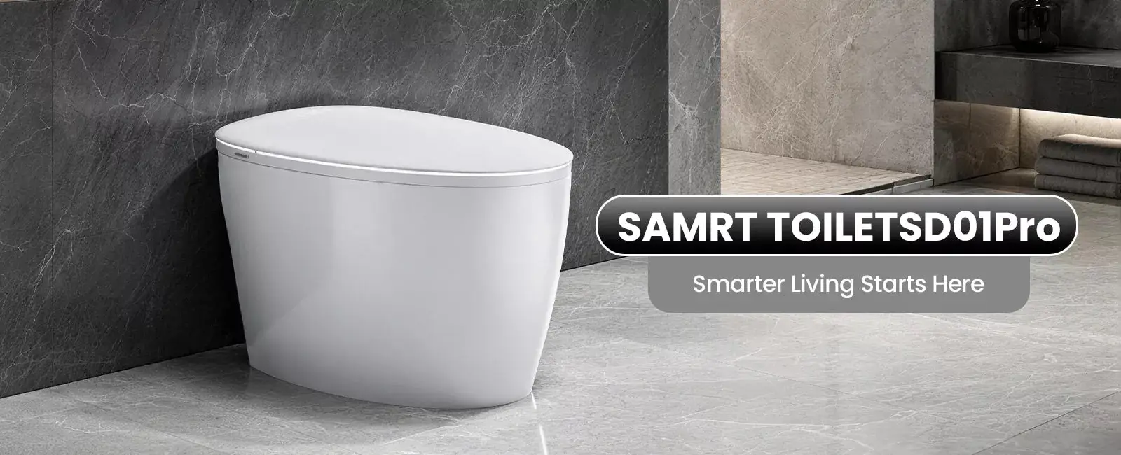 Modern white toilet in sleek gray bathroom interior with marble walls and floor