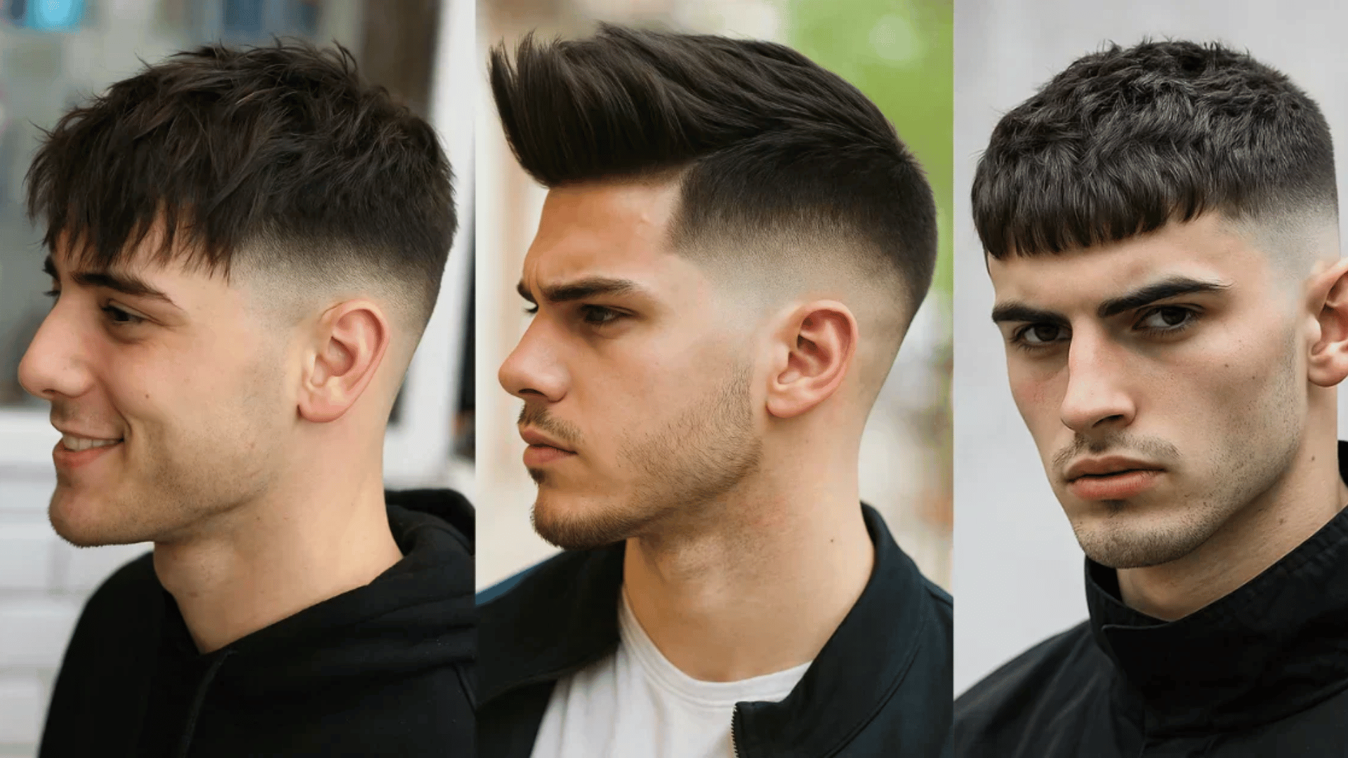 collage of classic fade haircut with different top cuts