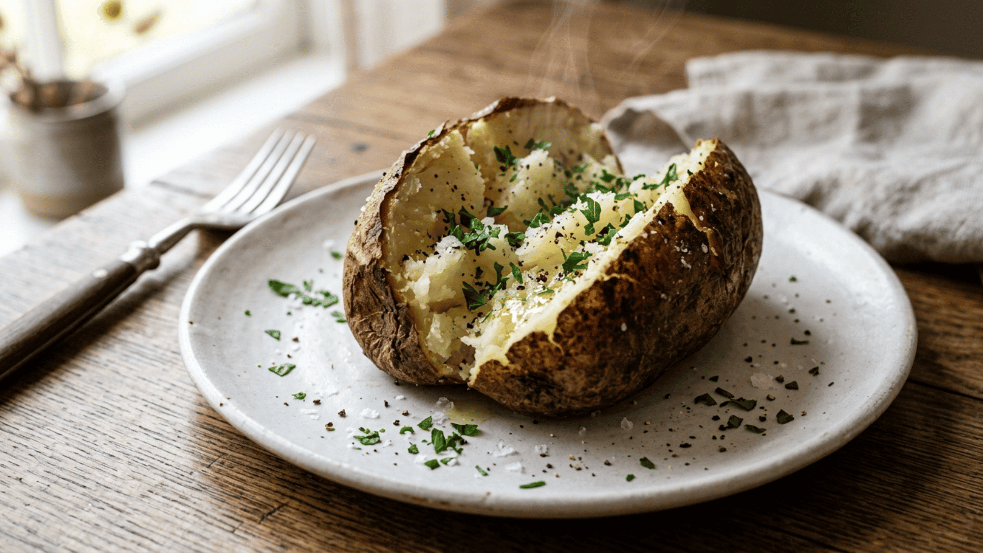 classic herb baked potato on a white plate