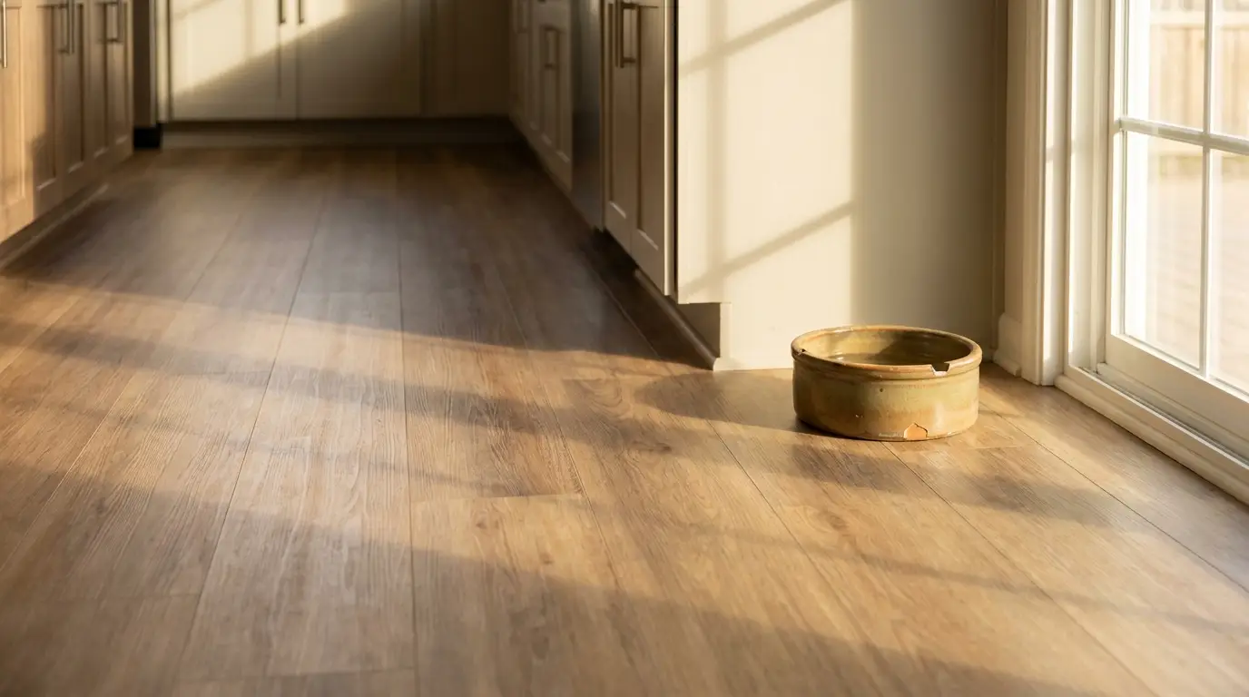 Sunlit hardwood kitchen floor with pottery bowl next to glass door