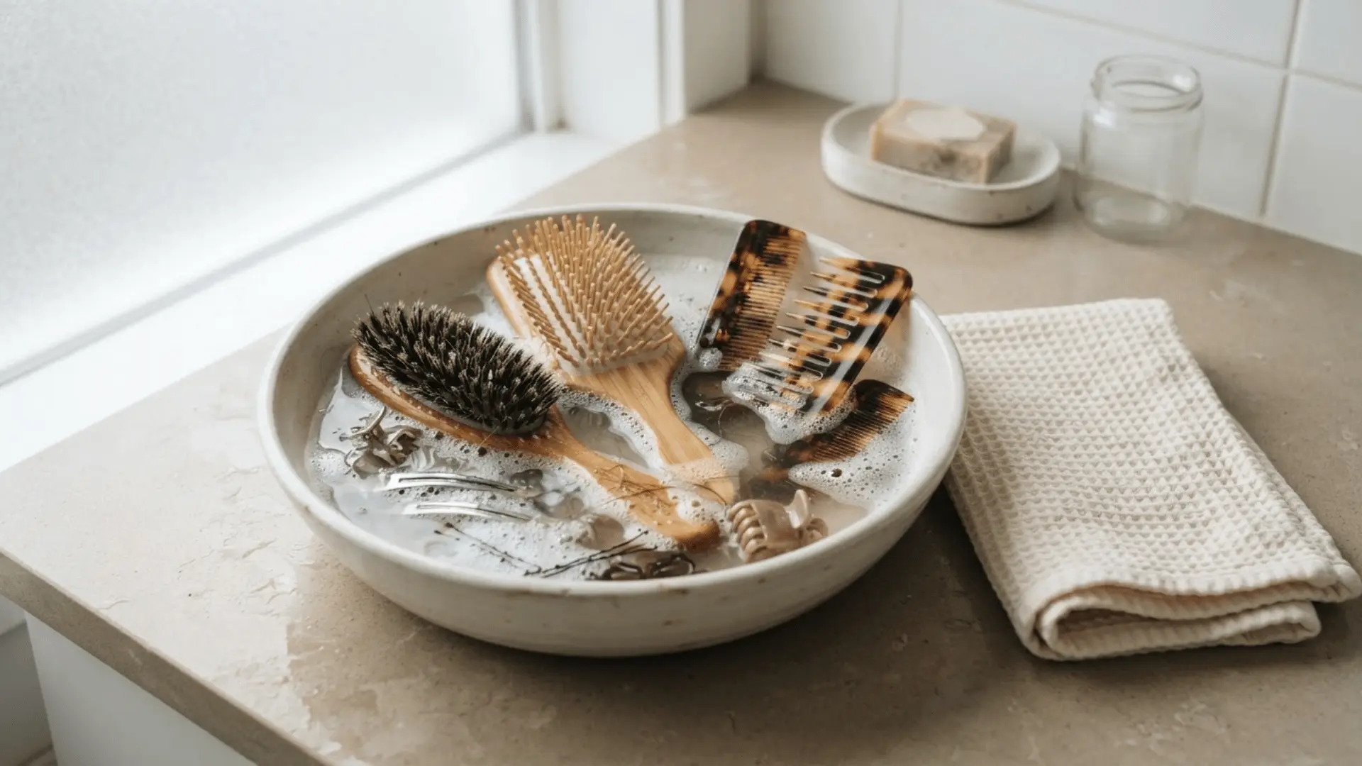 hair brushes combs and clips soaking in soapy water inside a ceramic bowl beside a folded cloth near a window