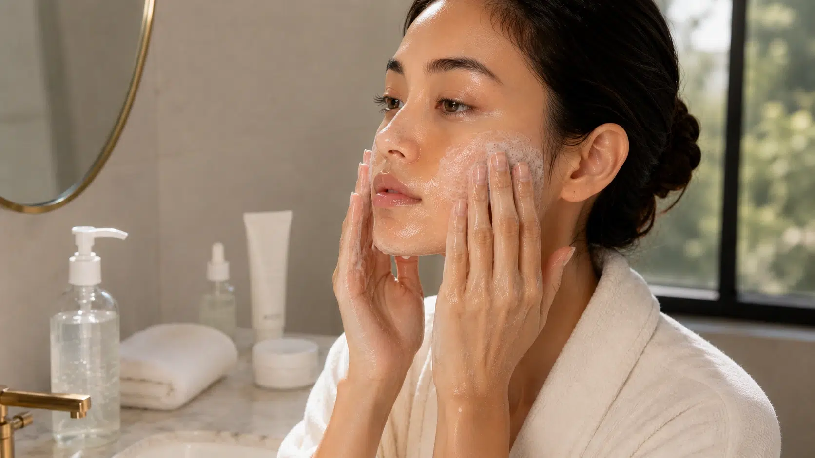 cleansing the skin in a morning skincare routine