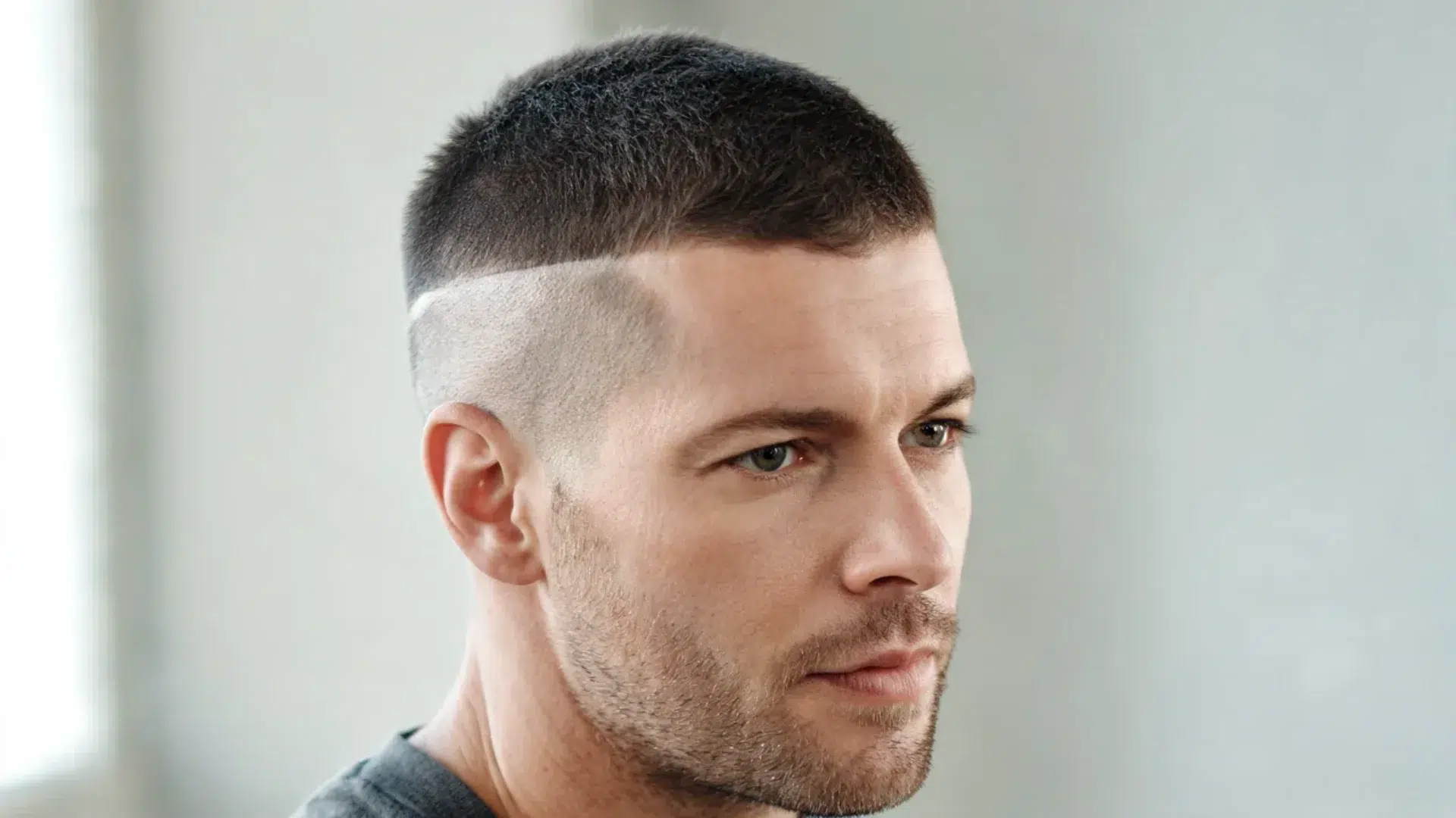 close up portrait of a man with a high and tight haircut shaved sides and short dark hair against a light background