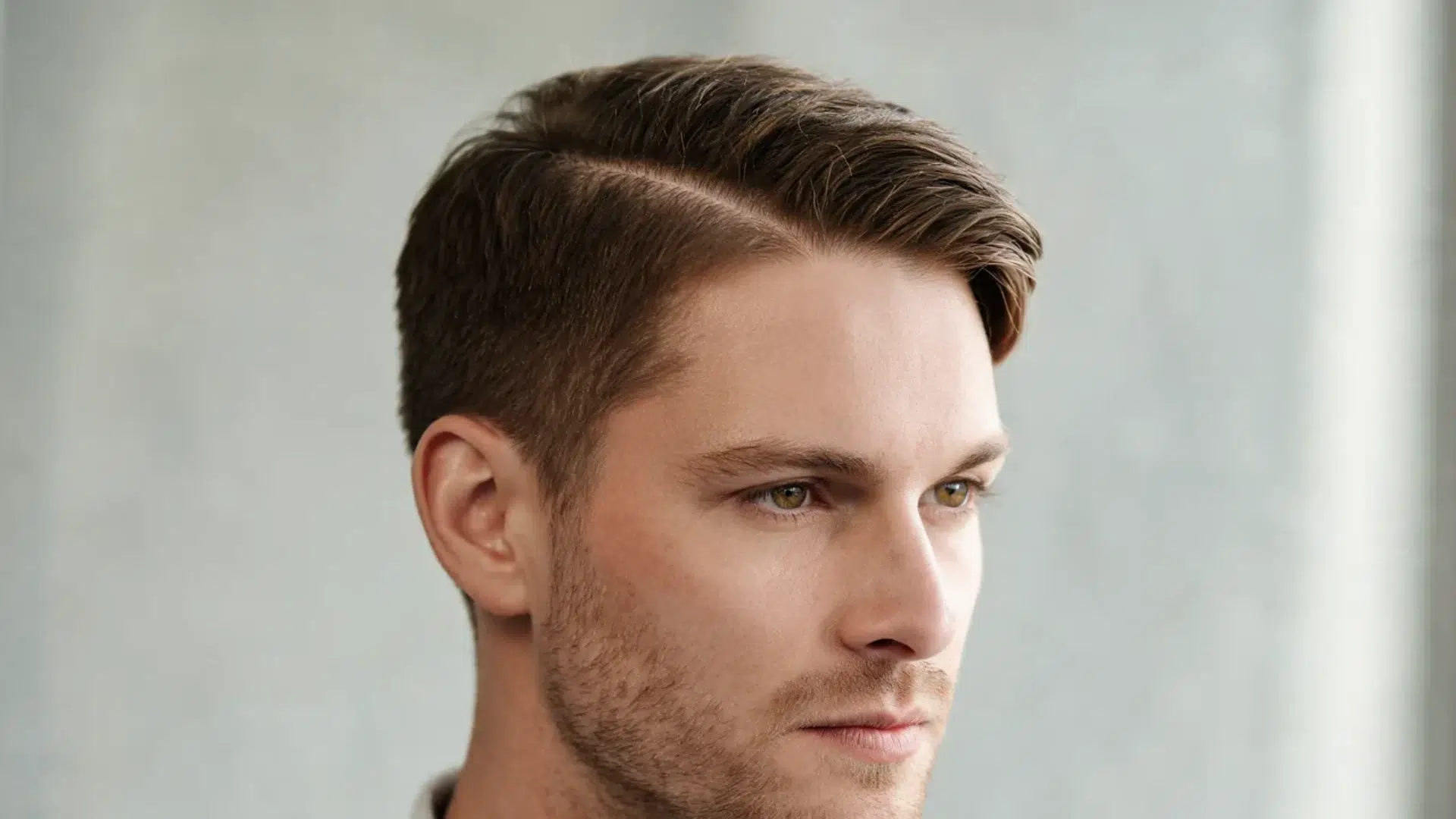 close up portrait of a man with a neatly styled side part and short tapered sides against a light gray background